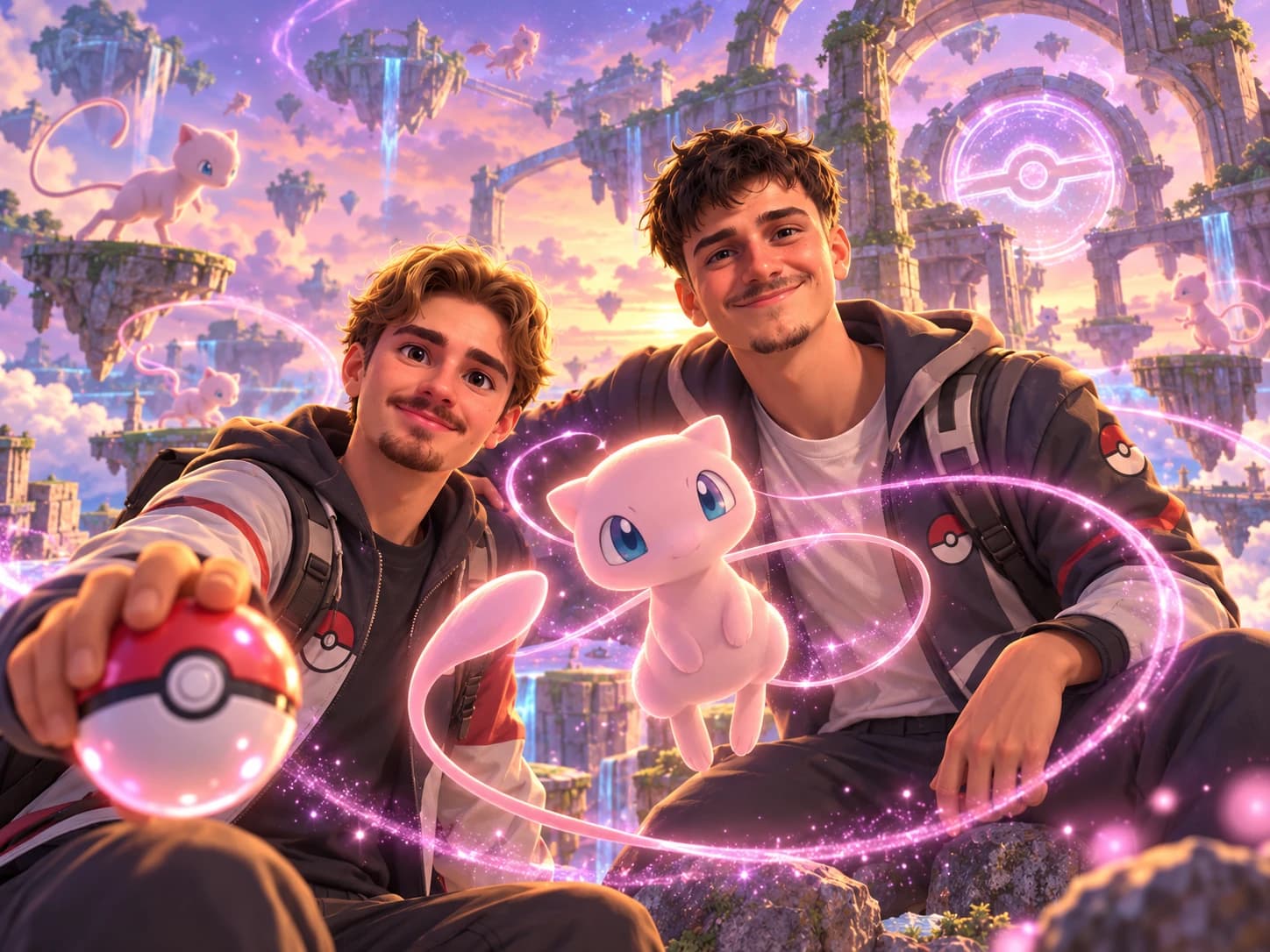 Les deux fondateurs de MewHouse, côte à côte, avec Mew qui flotte entre eux dans un ciel d'îles suspendues